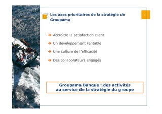 Les axes prioritaires de la stratégie de
Groupama
Accroître la satisfaction client
Un développement rentable
Une culture d...