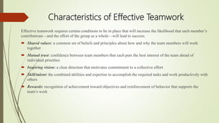 Characteristics of Effective Teamwork
Effective teamwork requires certain conditions to be in place that will increase the...