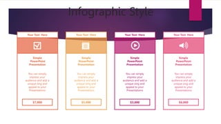Infographic Style
Your Text Here
Simple
PowerPoint
Presentation
You can simply
impress your
audience and add a
unique zing and
appeal to your
Presentations
$7,000
Your Text Here
Simple
PowerPoint
Presentation
You can simply
impress your
audience and add a
unique zing and
appeal to your
Presentations
$5,000
Your Text Here
Simple
PowerPoint
Presentation
You can simply
impress your
audience and add a
unique zing and
appeal to your
Presentations
$3,000
Your Text Here
Simple
PowerPoint
Presentation
You can simply
impress your
audience and add a
unique zing and
appeal to your
Presentations
$6,000
 