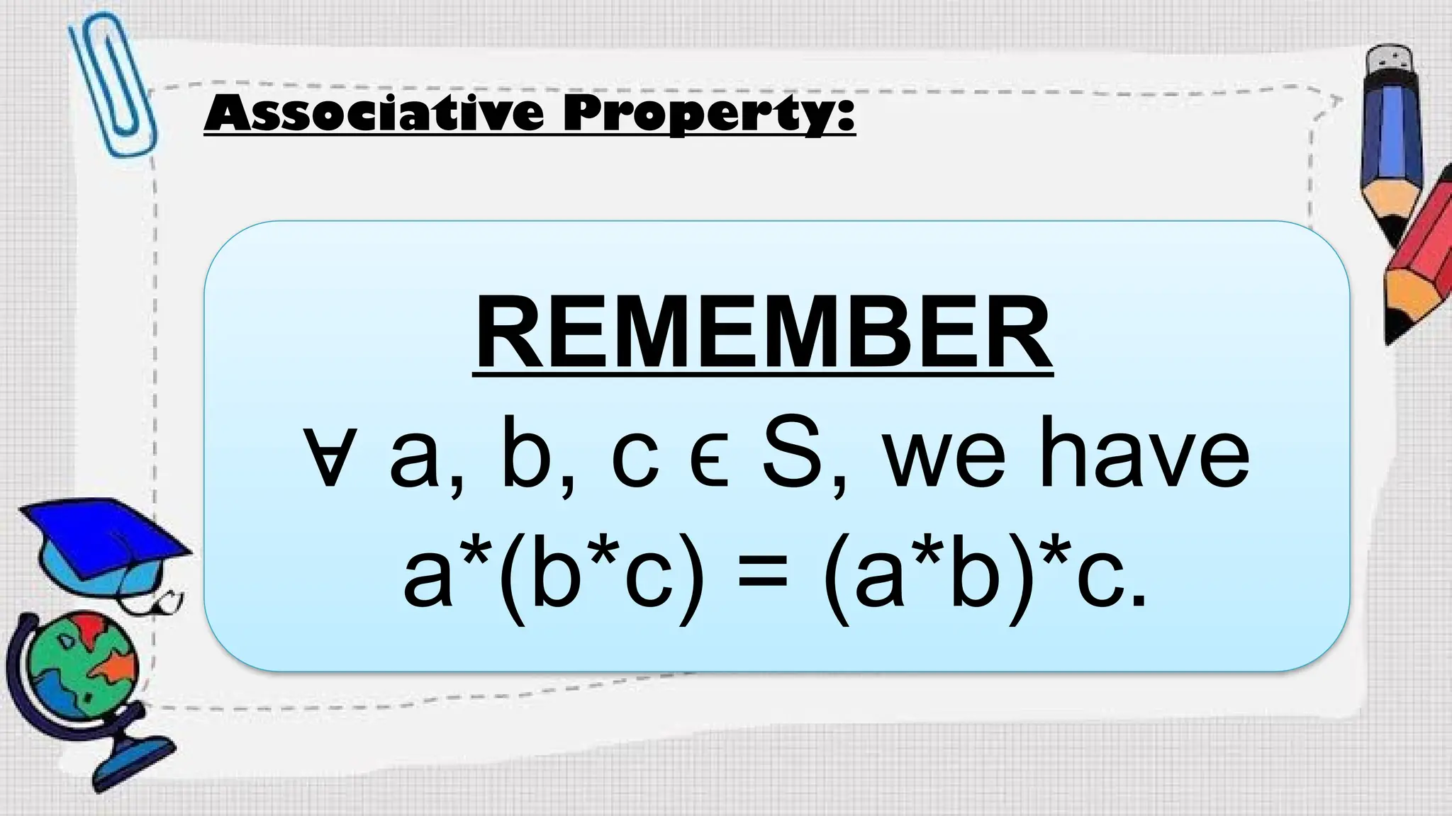 Associative Property:
REMEMBER
∀ a, b, c ϵ S, we have
a*(b*c) = (a*b)*c.
 
