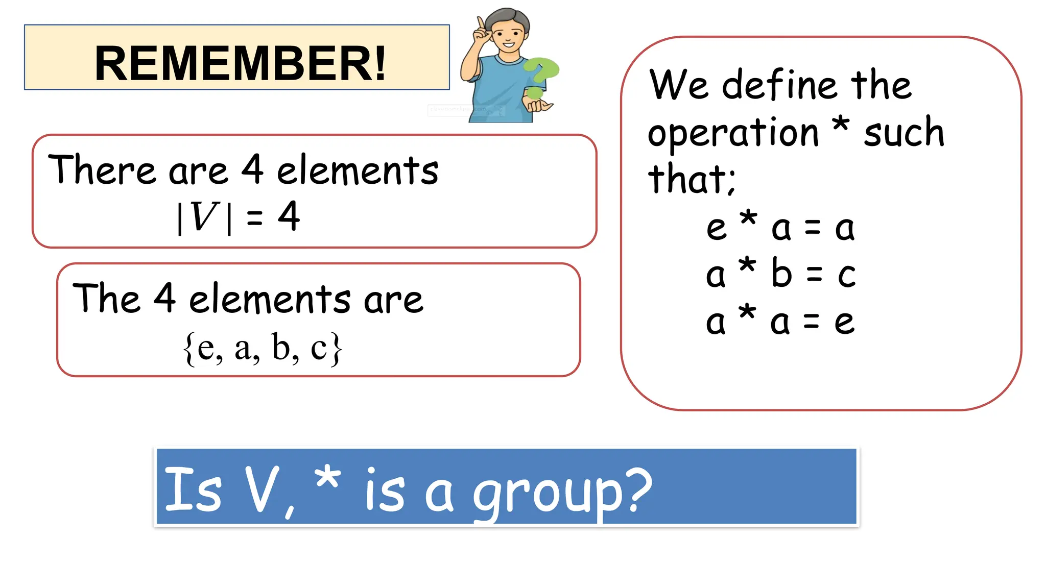 There are 4 elements
|V | = 4
The 4 elements are
{e, a, b, c}
We define the
operation * such
that;
e * a = a
a * b = c
a * a = e
REMEMBER!
Is V, * is a group?
 