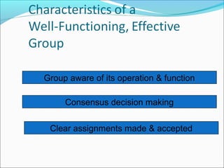 Consensus decision making
Clear assignments made & accepted
Group aware of its operation & function
 