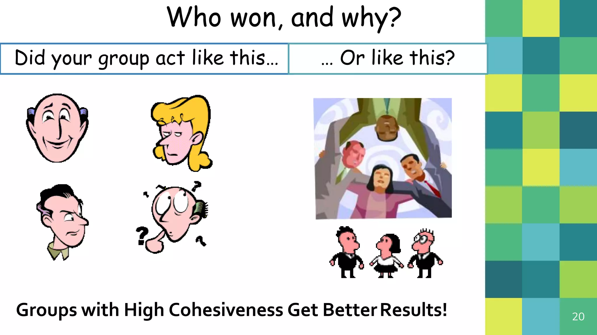 20
Who won, and why?
Did your group act like this… … Or like this?
Groups with High Cohesiveness Get BetterResults!
 