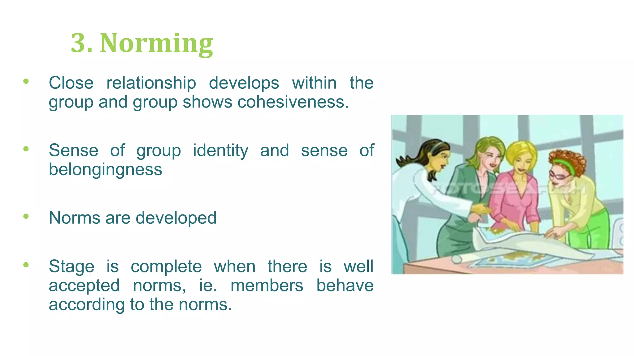 3. Norming
• Close relationship develops within the
group and group shows cohesiveness.
• Sense of group identity and sense of
belongingness
• Norms are developed
• Stage is complete when there is well
accepted norms, ie. members behave
according to the norms.
 
