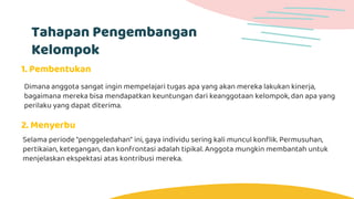 Tahapan Pengembangan
Kelompok
1. Pembentukan
Dimana anggota sangat ingin mempelajari tugas apa yang akan mereka lakukan kinerja,
bagaimana mereka bisa mendapatkan keuntungan dari keanggotaan kelompok, dan apa yang
perilaku yang dapat diterima.
2. Menyerbu
Selama periode "penggeledahan" ini, gaya individu sering kali muncul konflik. Permusuhan,
pertikaian, ketegangan, dan konfrontasi adalah tipikal. Anggota mungkin membantah untuk
menjelaskan ekspektasi atas kontribusi mereka.
 