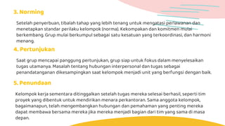3. Norming
4. Pertunjukan
Saat grup mencapai panggung pertunjukan, grup siap untuk fokus dalam menyelesaikan
tugas utamanya. Masalah tentang hubungan interpersonal dan tugas sebagai
penandatanganan dikesampingkan saat kelompok menjadi unit yang berfungsi dengan baik.
5. Penundaan
Kelompok kerja sementara ditinggalkan setelah tugas mereka selesai berhasil, seperti tim
proyek yang dibentuk untuk mendirikan menara perkantoran. Sama anggota kelompok,
bagaimanapun, telah mengembangkan hubungan dan pemahaman yang penting mereka
dapat membawa bersama mereka jika mereka menjadi bagian dari tim yang sama di masa
depan.
Setelah penyerbuan, tibalah tahap yang lebih tenang untuk mengatasi perlawanan dan
menetapkan standar perilaku kelompok (norma). Kekompakan dan komitmen mulai
berkembang. Grup mulai berkumpul sebagai satu kesatuan yang terkoordinasi, dan harmoni
menang.
 