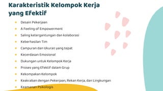 Karakteristik Kelompok Kerja
yang Efektif
● Desain Pekerjaan
● A Feeling of Empowerment
● Saling ketergantungan dan kolaborasi
● Keberhasilan Tim
● Campuran dan Ukuran yang tepat
● Kecerdasan Emosional
● Dukungan untuk Kelompok Kerja
● Proses yang Efektif dalam Grup
● Kekompakan Kelompok
● Keakraban dengan Pekerjaan, Rekan Kerja, dan Lingkungan
● Keamanan Psikologis
 