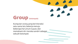 Group (kelompok)
Kumpulan orang yang berinteraksi
satu sama lain, bekerja menuju
beberapa hal umum tujuan, dan
memahami diri mereka sendiri sebagai
sebuah kelompok
 