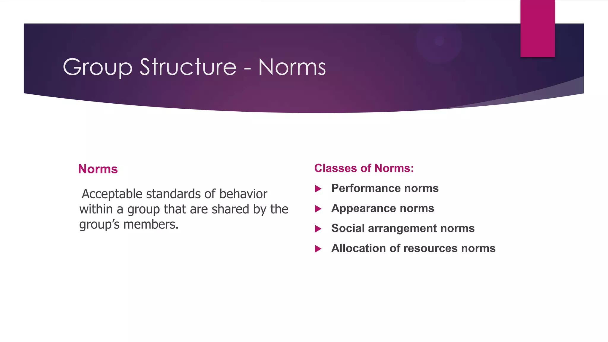 Group Structure - Norms

Norms

Classes of Norms:

Acceptable standards of behavior
within a group that are shared by the
group’s members.



Performance norms



Appearance norms



Social arrangement norms



Allocation of resources norms

 