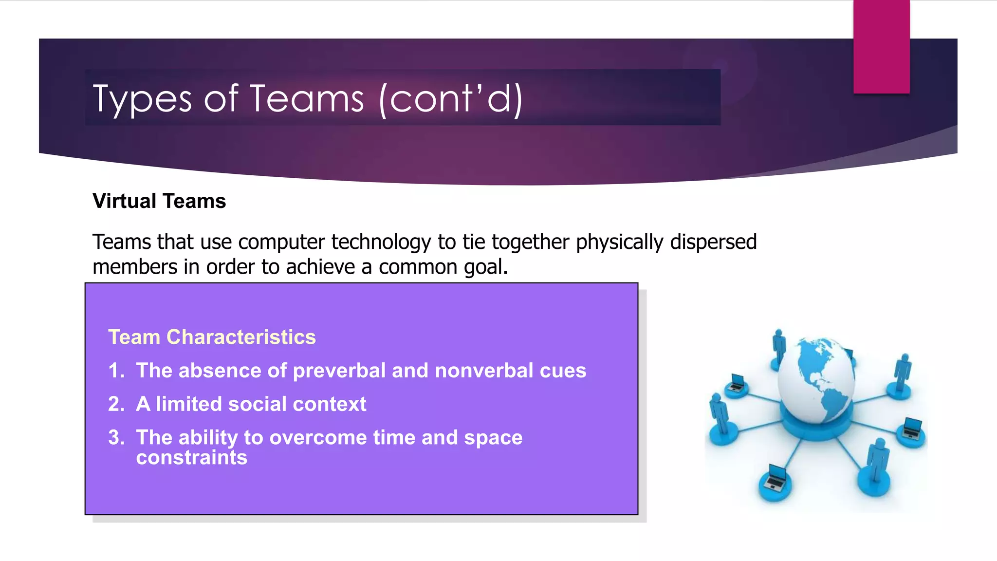 Types of Teams (cont’d)
Virtual Teams
Teams that use computer technology to tie together physically dispersed
members in order to achieve a common goal.

Team Characteristics
1. The absence of preverbal and nonverbal cues
2. A limited social context
3. The ability to overcome time and space
constraints

 