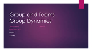 Group and Teams
Group Dynamics
MBA SEM-1
PREPARED BYNISHIT
ARPAN

GROUP 1

 