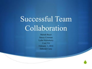 S
Successful Team
Collaboration
Mariah Beyer
Stacey Coleman
Lydia Nickleberry
Com 516
February 1, 2016
Deborah Curry
 