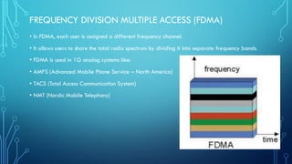 FREQUENCY DIVISION MULTIPLE ACCESS (FDMA)
• In FDMA, each user is assigned a different frequency channel.
• It allows users to share the total radio spectrum by dividing it into separate frequency bands.
• FDMA is used in 1G analog systems like:
• AMPS (Advanced Mobile Phone Service – North America)
• TACS (Total Access Communication System)
• NMT (Nordic Mobile Telephony)
 