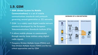 1.9. GSM
• GSM (Global System for Mobile
Communications) is a set of mobile
communications standards and protocols
governing second-generation or 2G networks.
• GSM is a widely used digital mobile network
standard developed by the European
Telecommunications Standards Institute (ETSI).
• It allows mobile phones to communicate
through nearby base stations using digital
radio signals.
• Frequency Division Multiple Access (FDMA) and
Time Division Multiple Access (TDMA) are the two
critical approaches used by GSM
 