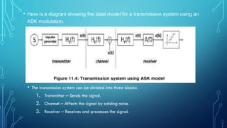 • Here is a diagram showing the ideal model for a transmission system using an
ASK modulation.
• The transmission system can be divided into three blocks:
1. Transmitter – Sends the signal.
2. Channel – Affects the signal by adding noise.
3. Receiver – Receives and processes the signal.
 