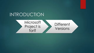 INTRODUCTION
Microsoft
Project is
for?
Different
Versions
 