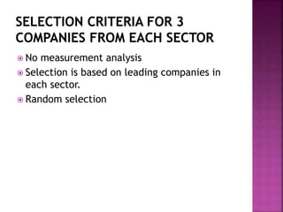  No measurement analysis
 Selection is based on leading companies in
each sector.
 Random selection
 