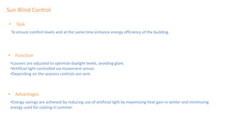 Sun Blind Control
• Task
To ensure comfort levels and at the same time enhance energy efficiency of the building.
• Function
•Louvers are adjusted to optimize daylight levels, avoiding glare.
•Artificial light controlled via movement sensor.
•Depending on the seasons controls are sent.
• Advantages
•Energy savings are achieved by reducing use of artificial light by maximizing heat gain in winter and minimizing
energy used for cooling in summer.
 