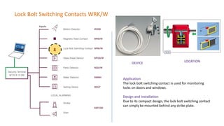 Lock Bolt Switching Contacts WRK/W
DEVICE LOCATION
Application
The lock bolt switching contact is used for monitoring
locks on doors and windows.
Design and installation
Due to its compact design, the lock bolt switching contact
can simply be mounted behind any strike plate.
 