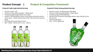 Product Concept | Product & Competitive Framework
Product#1 Kallu (Light Alcohol Serving)
• Alcohol content ~8%
• Served in long cylindrical bottles – White liquid
• Competing against Beers(Indian & Foreign)
• Served in All Hotel/Motel chains, House boats and shacks around
tourist spots – Kerala and primarily south India during introductory
phase
• Promoted along with Kerala Cuisine
• SKU – Bottle – 650 & 330 mL, Can – 500 mL
Product#2 Viridio (Strong Alcohol Serving)
• Alcohol content ~42.8%(Industrial Standard)
• Served in wide bottomed bottles – Green liquid
• Competing against IMFL(Whiskey)
• Served across all premium beverage outlets, clubs and bars across
the country
• Premium packaging
• SKU – 750 mL glass case
 