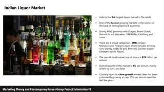 Indian Liquor Market
 India is the 3rd largest liquor market in the world.
 One of the fastest growing markets in the world, on
the back of demographics & economy.
 Strong MNC presence with Diageo, Beam Global,
Pernod Ricard, Heineken, SAB Miller, Carlsberg and
more.
 There are 3 broad categories – IMFL (Indian
Manufactured Foreign Liquor which includes whiskey,
rum, brandy, vodka & gin), Beer and Country Liquor
(cheaper, spiced liquor).
 The overall retail market size of liquor is $35 billion per
annum.
 Overall growth of the market is 8% per annum, mainly
driven by IMFL and beer.
 Country liquor is a slow growth market. Beer has been
consistently growing at over 15% per annum over the
last few years.
 