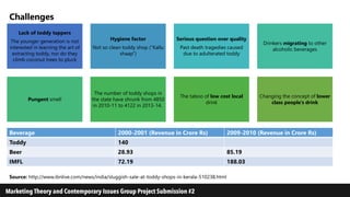 Challenges
Lack of toddy tappers
The younger generation is not
interested in learning the art of
extracting toddy, nor do they
climb coconut trees to pluck
Hygiene factor
Not so clean toddy shop (“Kallu
shaap”)
Serious question over quality
Past death tragedies caused
due to adulterated toddy
Drinkers migrating to other
alcoholic beverages
Pungent smell
The number of toddy shops in
the state have shrunk from 4850
in 2010-11 to 4122 in 2013-14.
The taboo of low cost local
drink
Changing the concept of lower
class people’s drink
Beverage 2000-2001 (Revenue in Crore Rs) 2009-2010 (Revenue in Crore Rs)
Toddy 140
Beer 28.93 85.19
IMFL 72.19 188.03
Source: http://www.ibnlive.com/news/india/sluggish-sale-at-toddy-shops-in-kerala-510238.html
 