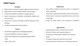 SWOT Toyota
Strengths:
 Toyota enjoys a strong brand image in global automotive industry
 Organizational culture of Toyota facilitates rapid innovation
 A wide and diversified car portfolio in multiple segments
 Brand is synonymous to durability, comfortability, reliability and
value for money
 Strong human resource with 346,219 skilled employees across
the globe
 Capability of producing 10 million cars/year
Weaknesses:
• Less number of dealers and service centers as compared to
Indian competitors
• Toyota lags in segments like hatchback and entry level sedans
• Product recalls in past years impacted financials as well as the
brand image
• Connect to Indian people is less compared to competitors
Opportunities:
• Expanding Hybrid, Electric, CNG & LPG auto market
• Attraction of Indian youth towards foreign cars
• Increasing purchasing power of people due to economic
growth
• Emerging on-the go taxi market like Ola and Uber
• Improving country’s infrastructure is raising demand for cars
Threats:
• Government regulations on diesel/petrol vehicles
• Intense competition in every car segment
• Lower price vehicles from competitors gaining market
share
• Labor union issues
 