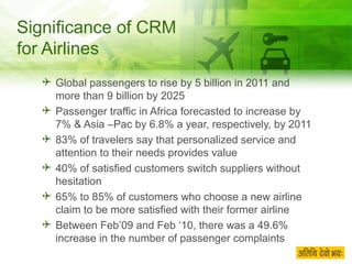 Significance of CRM  for Airlines Global passengers to rise by 5 billion in 2011 and more than 9 billion by 2025 Passenger traffic in Africa forecasted to increase by 7% & Asia –Pac by 6.8% a year, respectively, by 2011 83% of travelers say that personalized service and attention to their needs provides value 40% of satisfied customers switch suppliers without hesitation 65% to 85% of customers who choose a new airline claim to be more satisfied with their former airline Between Feb’09 and Feb ‘10, there was a 49.6% increase in the number of passenger complaints 