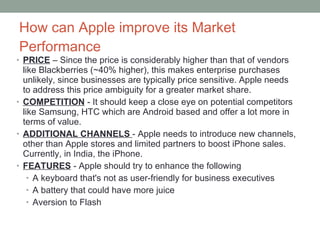 How can Apple improve its Market Performance  PRICE  – Since the price is considerably higher than that of vendors like Blackberries (~40% higher), this makes enterprise purchases unlikely, since businesses are typically price sensitive. Apple needs to address this price ambiguity for a greater market share. COMPETITION  - It should keep a close eye on potential competitors like Samsung, HTC which are Android based and offer a lot more in terms of value. ADDITIONAL CHANNELS  - Apple needs to introduce new channels, other than Apple stores and limited partners to boost iPhone sales. Currently, in India, the iPhone. FEATURES  - Apple should try to enhance the following  A keyboard that's not as user-friendly for business executives A battery that could have more juice Aversion to Flash 