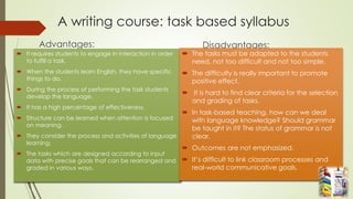 A writing course: task based syllabus
Advantages:
 It requires students to engage in interaction in order
to fulfill a task.
 When the students learn English, they have specific
things to do.
 During the process of performing the task students
develop the language.
 It has a high percentage of effectiveness.
 Structure can be learned when attention is focused
on meaning.
 They consider the process and activities of language
learning.
 The tasks which are designed according to input
data with precise goals that can be rearranged and
graded in various ways.
Disadvantages:
 The tasks must be adapted to the students
need, not too difficult and not too simple.
 The difficulty is really important to promote
positive effect.
 It is hard to find clear criteria for the selection
and grading of tasks.
 In task-based teaching, how can we deal
with language knowledge? Should grammar
be taught in it? The status of grammar is not
clear.
 Outcomes are not emphasized.
 It’s difficult to link classroom processes and
real-world communicative goals.
 
