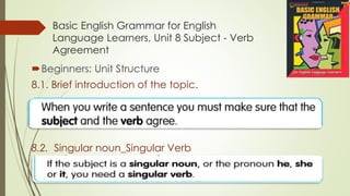 Basic English Grammar for English
Language Learners, Unit 8 Subject - Verb
Agreement
Beginners: Unit Structure
8.1. Brief introduction of the topic.
8.2. Singular noun_Singular Verb
 