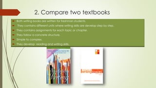 2. Compare two textbooks
 Both writing books are written for freshman students.
 They contains different units where writing skills are develop step by step.
 They contains assignments for each topic or chapter.
 They follow a concrete structure.
 Simple to complex.
 They develop reading and writing skills.
 