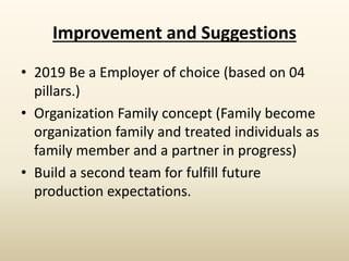 Improvement and Suggestions
• 2019 Be a Employer of choice (based on 04
pillars.)
• Organization Family concept (Family become
organization family and treated individuals as
family member and a partner in progress)
• Build a second team for fulfill future
production expectations.
 