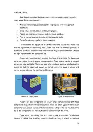 26
3.4 Safe Lifting
Safe lifting is important because moving machineries can cause injuries in
many ways. Some examples are :-
 Workers in the construction site can be hit or injured by moving parts of
machinery.
 Sharp edges can cause cuts and severing injuries.
 People can be crushed between parts moving in together.
 Poor or no maintenance of equipment can develop faults.
 Parts of equipment may fail or loads may drop.
To ensure that the equipment is fully functional and hazard-free, make sure
that the equipment is safe for any work. Make sure that it is installed properly, is
stable and is not in a location where other workers may be exposed to risk. Choose
the right equipment for the appropriate job.
Appropriate measures such as using fixed guards to enclose the dangerous
parts can reduce risk and provide more protection. Fixed guards can be of secured
screws or nuts and bolts. There are also other methods such as interlocking the
guards so that the equipment cannot be started before the guard is closed and
cannot be opened while the machine is still moving.
As some pre-cast components can be very large, cranes are used to lift these
components to put them in the desired place. There are a few types of cranes such
as tower cranes, mobile cranes, and crawler cranes. Lifting hooks are installed at the
top of the components and lifted by the tower cranes through the hooks.
There should be a lifting plan supported by risk assessment. To eliminate
hazards or reduce risks, the lifting operation should be categorized with its risk level
Figure 19: Fixed Guards Figure 20: Fixed Guards
 