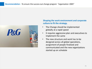 Recommendation - To ensure the success out change program “organization 2005”




                                          Shaping the work environment and corporate
                                          culture to fit the strategy.
                                         •   The Change should be implemented
                                             globally at a rapid speed
                                         •   It requires aggressive plan and executives to
                                             implement the same
                                         •   The new structure and work has to be
                                             designed across all global operations,
                                             assignment of people finalized and
                                             communicated and the new organizations
                                             started up on schedule




                                                                                       21
 