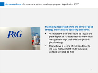 Recommendation - To ensure the success out change program “organization 2005”




                                         Marshaling resources behind the drive for good
                                         strategy execution and operating excellence.
                                         •   An important element should be to give the
                                             great degree of standardizations to the local
                                             management align their own design with
                                             global strategy
                                         •   This will give a feeling of independence to
                                             the local management while the global
                                             standard will also be met




                                                                                       22
 