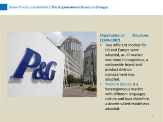 About Procter and Gamble | The Organizational Structure Changes




                                                         Organizational      Structure:
                                                         (1948-1987)
                                                         • Two different models for
                                                            US and Europe were
                                                            adopted, as US market
                                                            was more homogenous, a
                                                            nationwide brand and
                                                            product division
                                                            management was
                                                            adopted.
                                                         • Western Europe is a
                                                            heterogeneous market
                                                            with different languages,
                                                            culture and laws therefore
                                                            a decentralized model was
                                                            adopted.
                                                                                          6
 