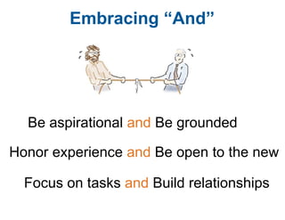 Embracing “And”Be aspirational and Be groundedHonor experience and Be open to the newFocus on tasks and Build relationships