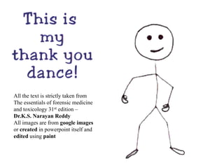 All the text is strictly taken from
The essentials of forensic medicine
and toxicology 31st edition –
Dr.K.S. Narayan Reddy
All images are from google images
or created in powerpoint itself and
edited using paint
 