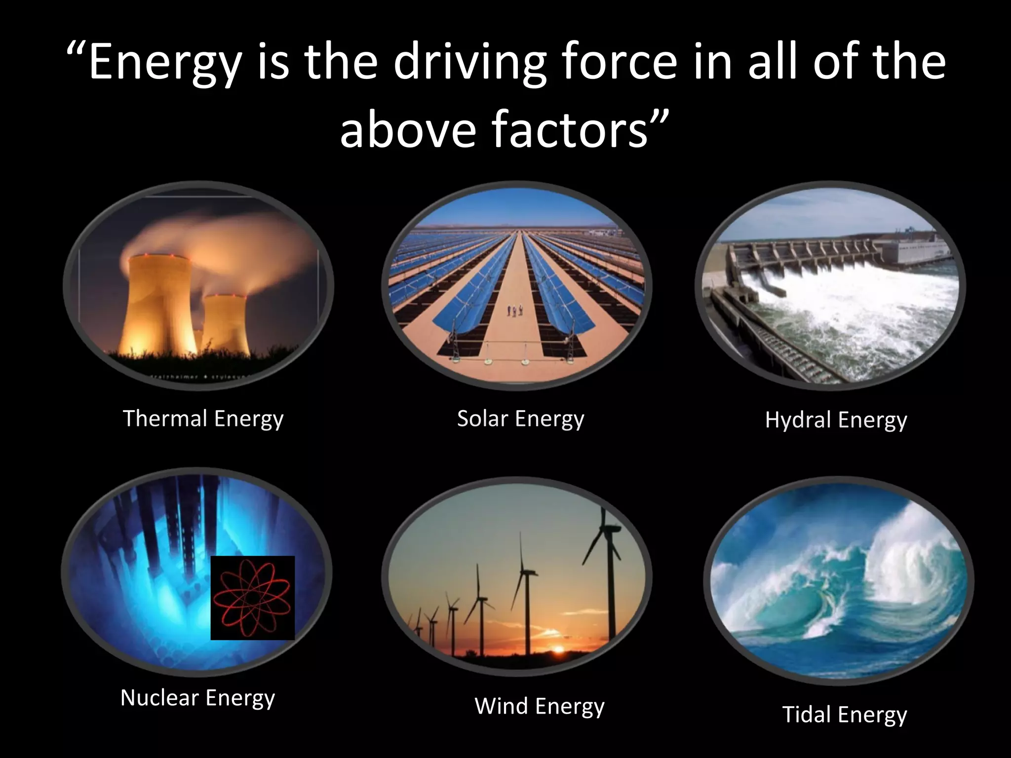 “ Energy is the driving force in all of the above factors” Solar Energy Thermal Energy Hydral Energy Nuclear Energy Wind Energy Tidal Energy 