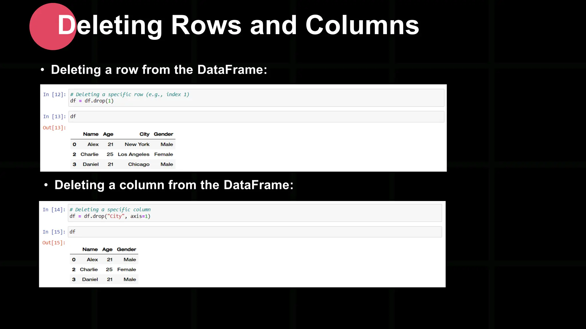 • Deleting a column from the DataFrame: Deleting Rows and Columns • Deleting a row from the DataFrame: 