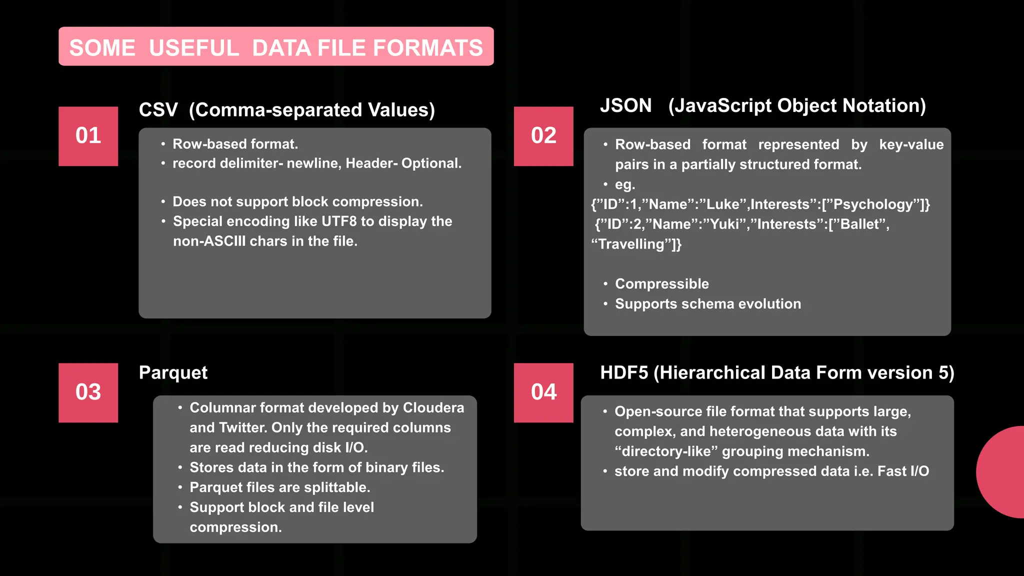 • Row-based format represented by key-value pairs in a partially structured format. • eg. {”ID”:1,”Name”:”Luke”,Interests”:[”Psychology”]} {”ID”:2,”Name”:”Yuki”,”Interests”:[”Ballet”, “Travelling”]} • Compressible • Supports schema evolution SOME USEFUL DATA FILE FORMATS • Row-based format. • record delimiter- newline, Header- Optional. • Does not support block compression. • Special encoding like UTF8 to display the non-ASCIII chars in the file. 01 CSV (Comma-separated Values) 02 JSON (JavaScript Object Notation) HDF5 (Hierarchical Data Form version 5) 04 03 • Columnar format developed by Cloudera and Twitter. Only the required columns are read reducing disk I/O. • Stores data in the form of binary files. • Parquet files are splittable. • Support block and file level compression. Parquet • Open-source file format that supports large, complex, and heterogeneous data with its “directory-like” grouping mechanism. • store and modify compressed data i.e. Fast I/O 