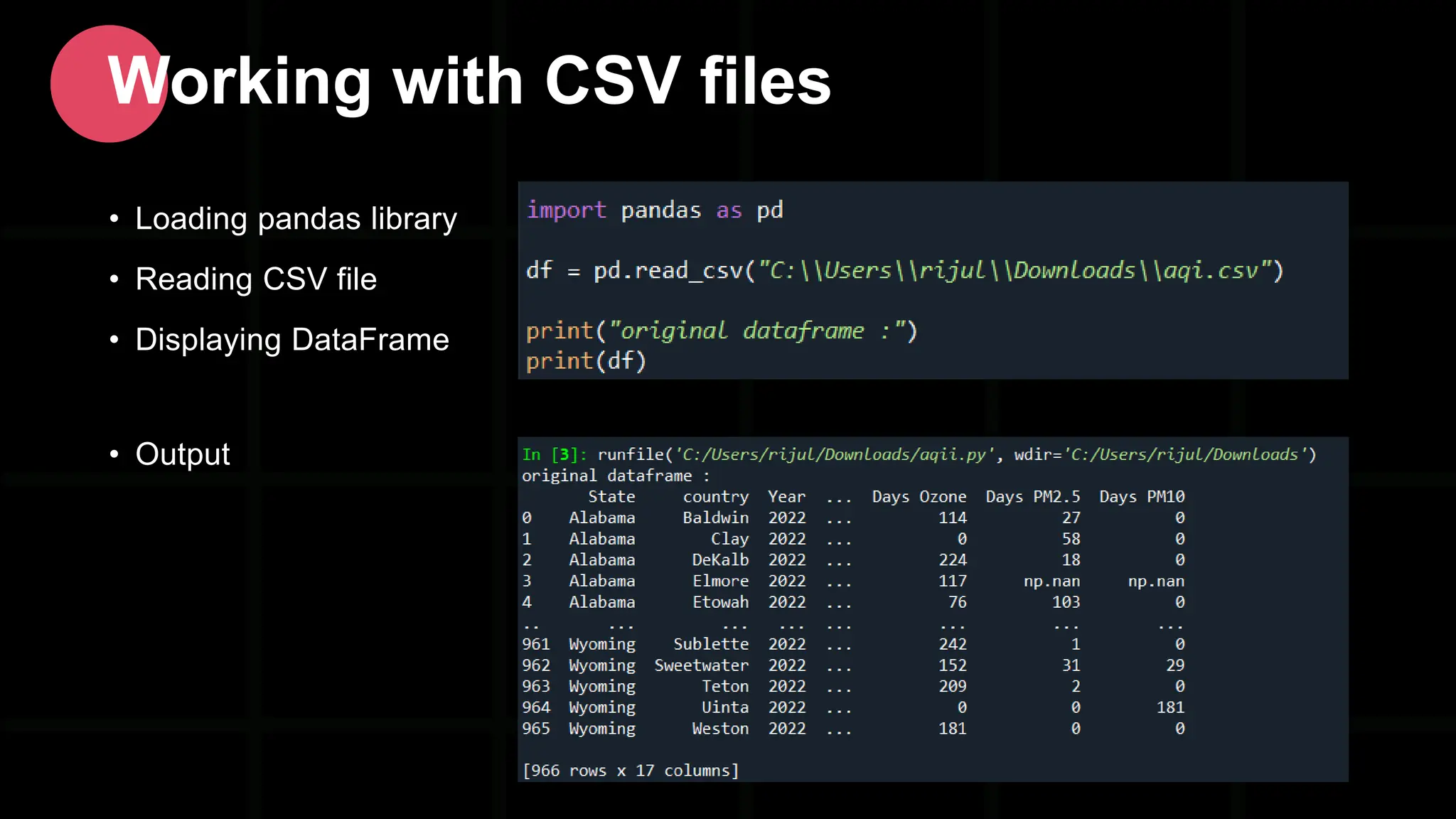 Working with CSV files • Loading pandas library • Reading CSV file • Displaying DataFrame • Output 