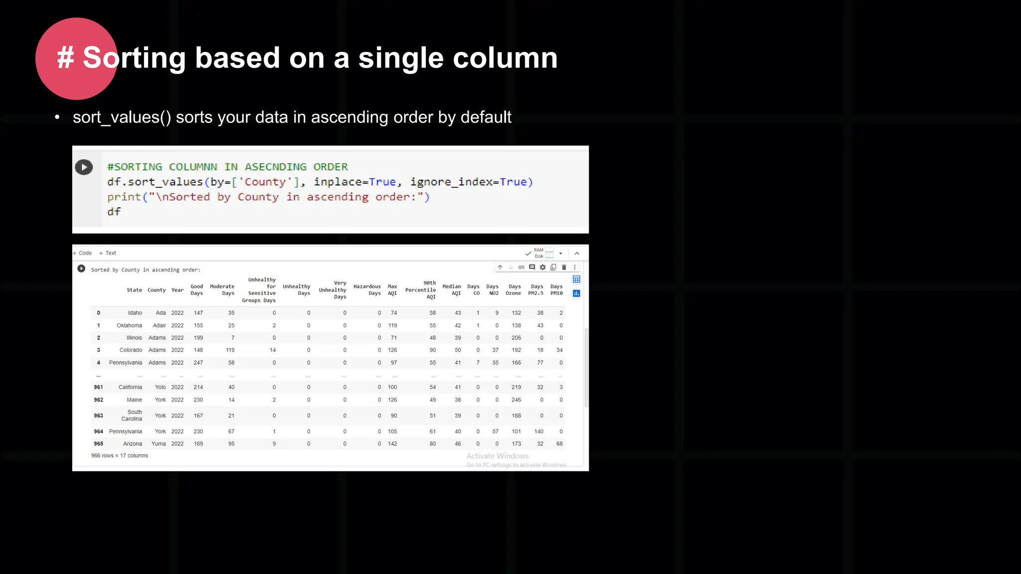 • sort_values() sorts your data in ascending order by default # Sorting based on a single column 