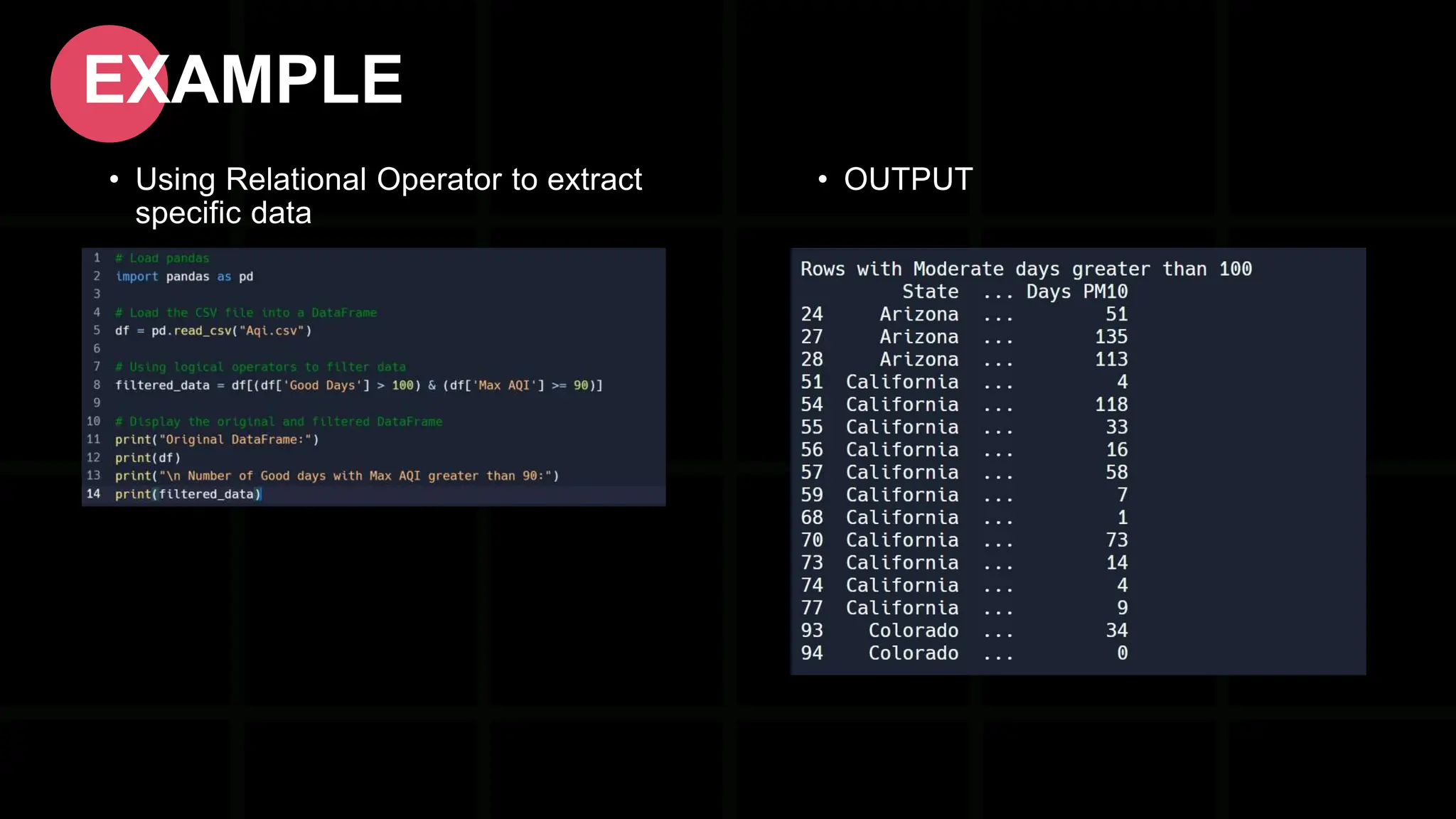 • Using Relational Operator to extract specific data EXAMPLE • OUTPUT 