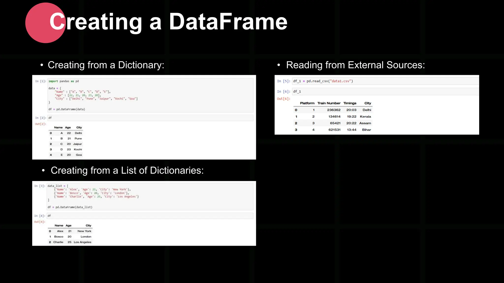 • Creating from a Dictionary: Creating a DataFrame • Creating from a List of Dictionaries: • Reading from External Sources: 