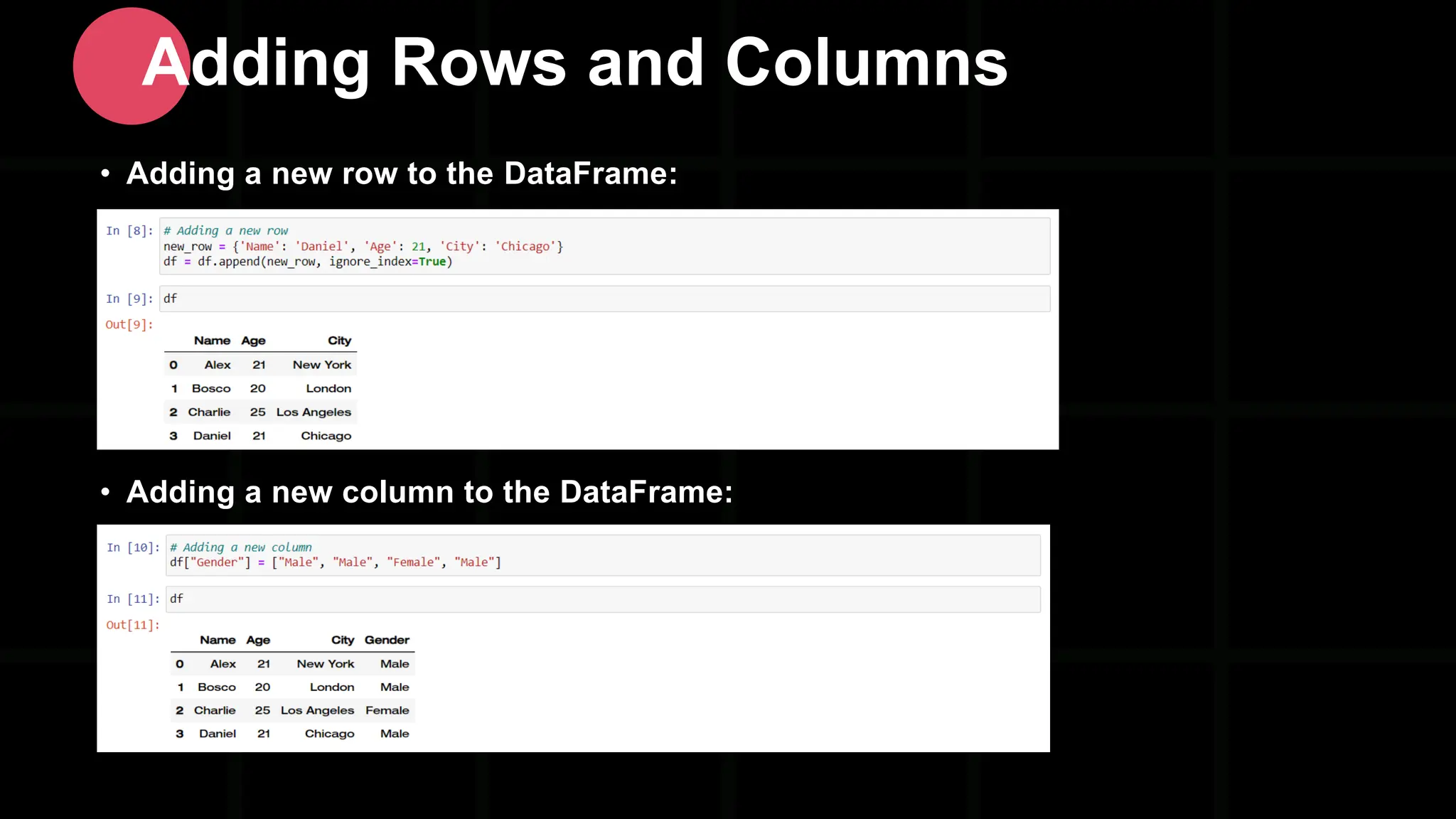 Adding Rows and Columns • Adding a new row to the DataFrame: • Adding a new column to the DataFrame: 