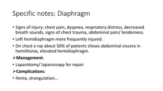 Specific notes: Diaphragm
• Signs of injury: chest pain, dyspnea, respiratory distress, decreased
breath sounds, signs of chest trauma, abdominal pain/ tenderness.
• Left hemidiaphragm more frequently injured.
• On chest x-ray about 50% of patients shows abdominal viscera in
hemithorax, elevated hemidiaphragm.
Management:
• Laparotomy/ laparoscopy for repair
Complications:
• Henia, strangulation…
 