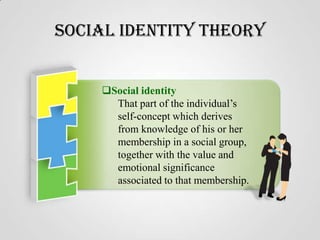 Social Identity Theory
Social identity
That part of the individual’s
self-concept which derives
from knowledge of his or her
membership in a social group,
together with the value and
emotional significance
associated to that membership.

 