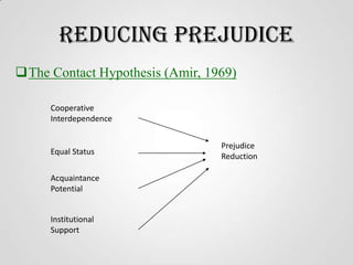 Reducing Prejudice
The Contact Hypothesis (Amir, 1969)
Cooperative
Interdependence

Equal Status
Acquaintance
Potential
Institutional
Support

Prejudice
Reduction

 
